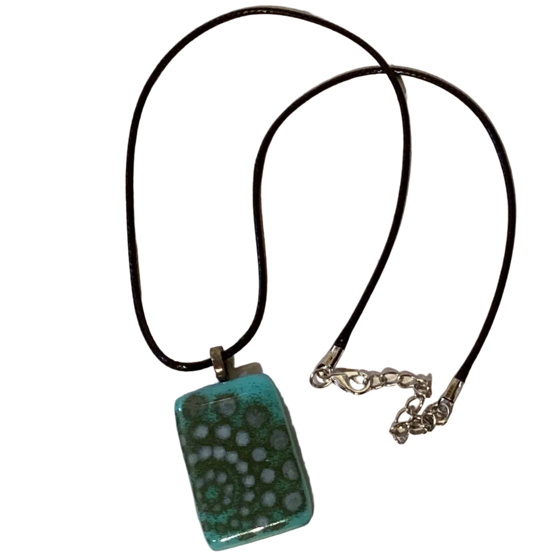 Colorful glass dot mandala pendant on a 20-inch leather cord necklace, artisan jewelry with vibrant, intricate design.