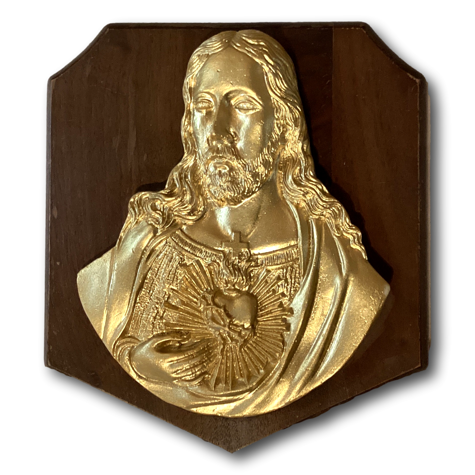 Gold Jesus bust wall plaque, Catholic Christian devotional gift featuring a detailed religious Jesus bust design.