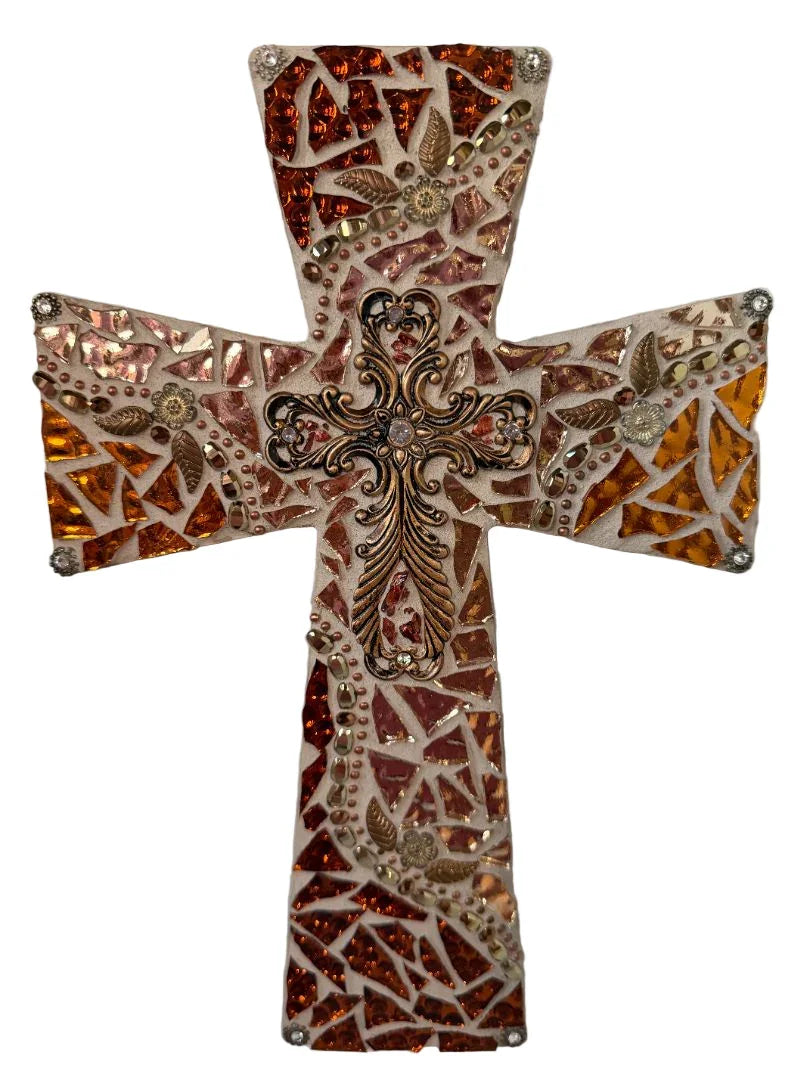 Gold Mosaic Cross with Center Cross – Elegant Christian Decor on Wood - Ysleta Mission Gift Shop