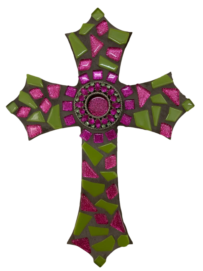 Green & Pink Mosaic Cross on Wood – Ornamental Center 10" x 7"