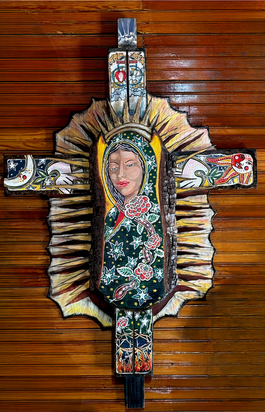 Handcrafted Virgin of Guadalupe Wooden Cross – Unique Folk Art Masterpiece