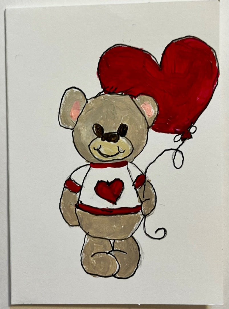 Hand-Painted Grey Bear Note Card â€ 2.5x3 with Heart Balloon, Blank Inside
