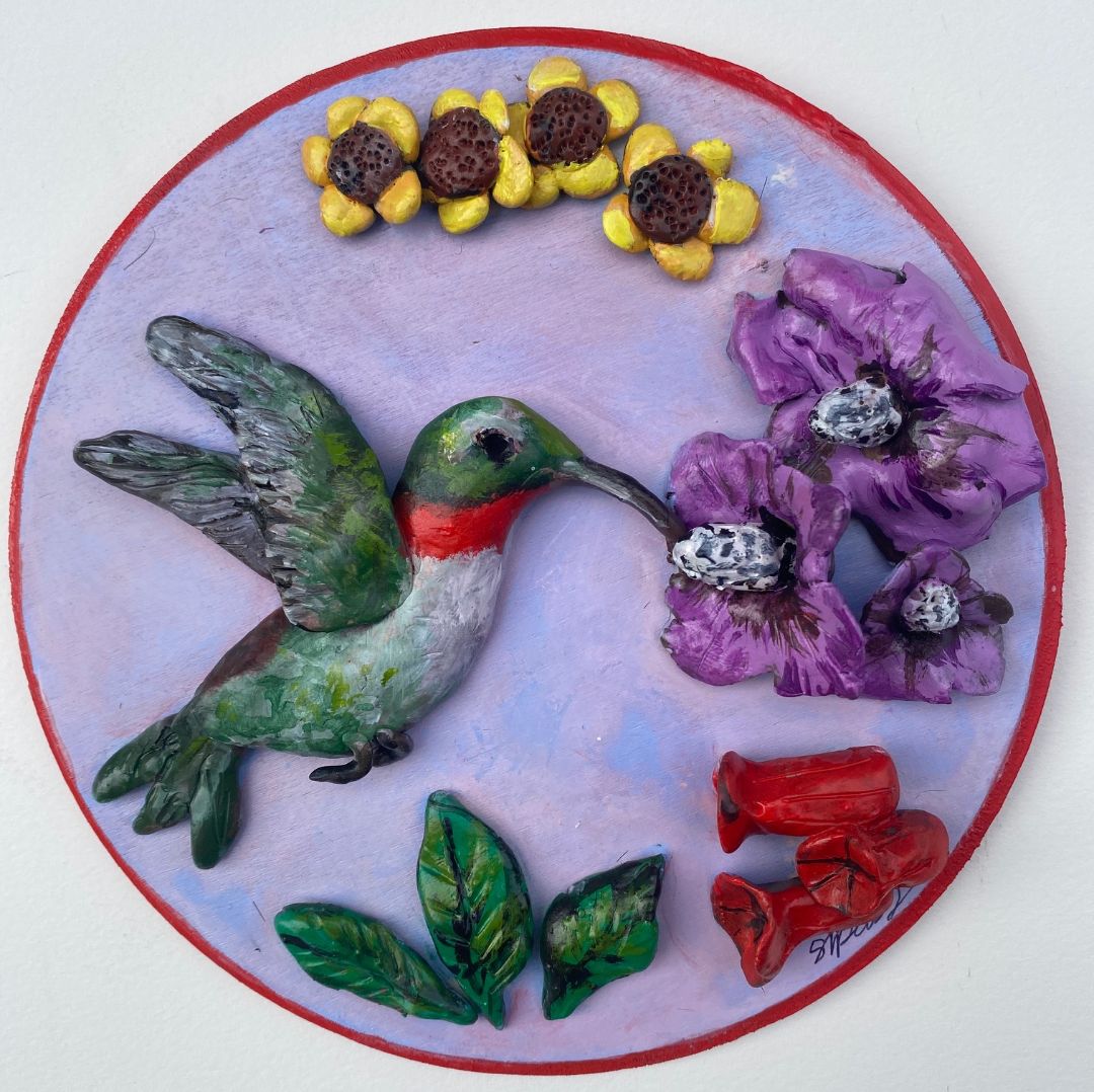 Hand-Painted Hummingbird & Flowers Circle Wood Art – Nature-Inspired Home Decor