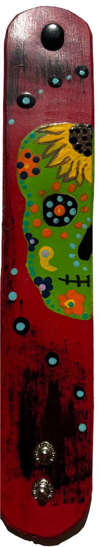 Hand-Painted Red Veg Tan Leather Bracelet with Catrina and Sunflower – Day of the Dead-Inspired Cuff