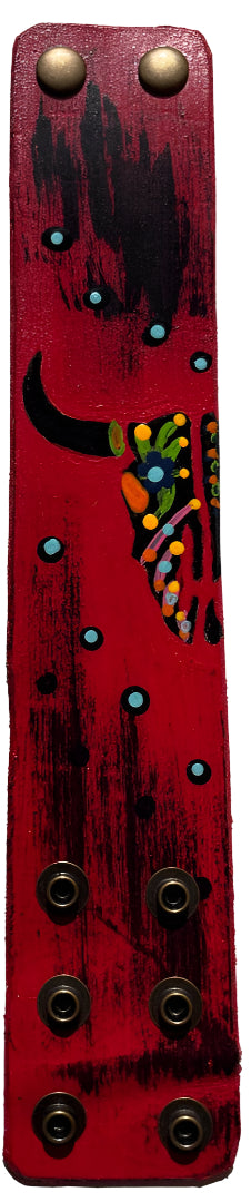 Hand-Painted Red Veg Tan Leather Bracelet with Longhorn Skull – Western Art-Inspired Leather Cuff