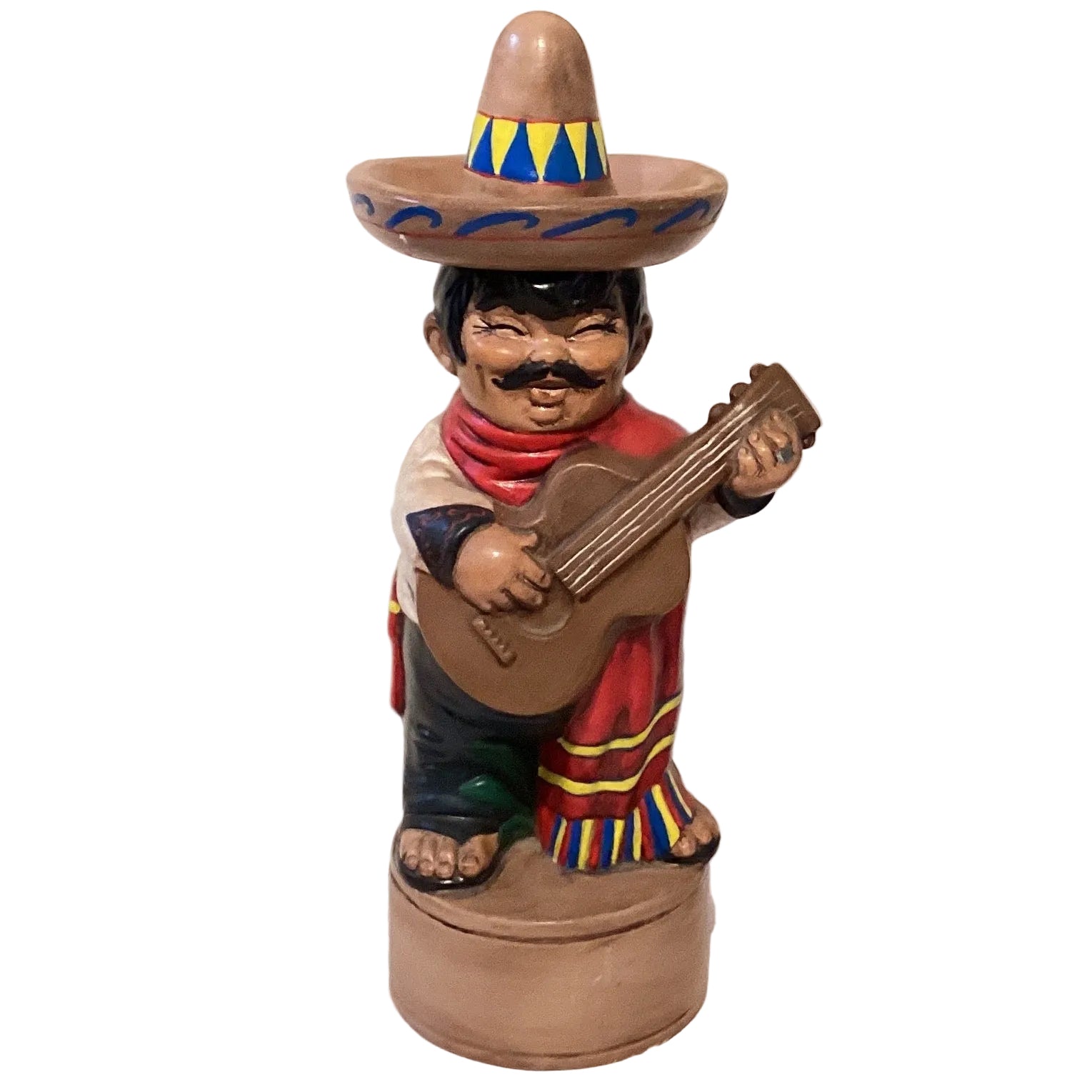 Colorful hand-painted Mexican ceramic guitar player decanter, 14 inches, decorative folk art figurine for home and garden decor.