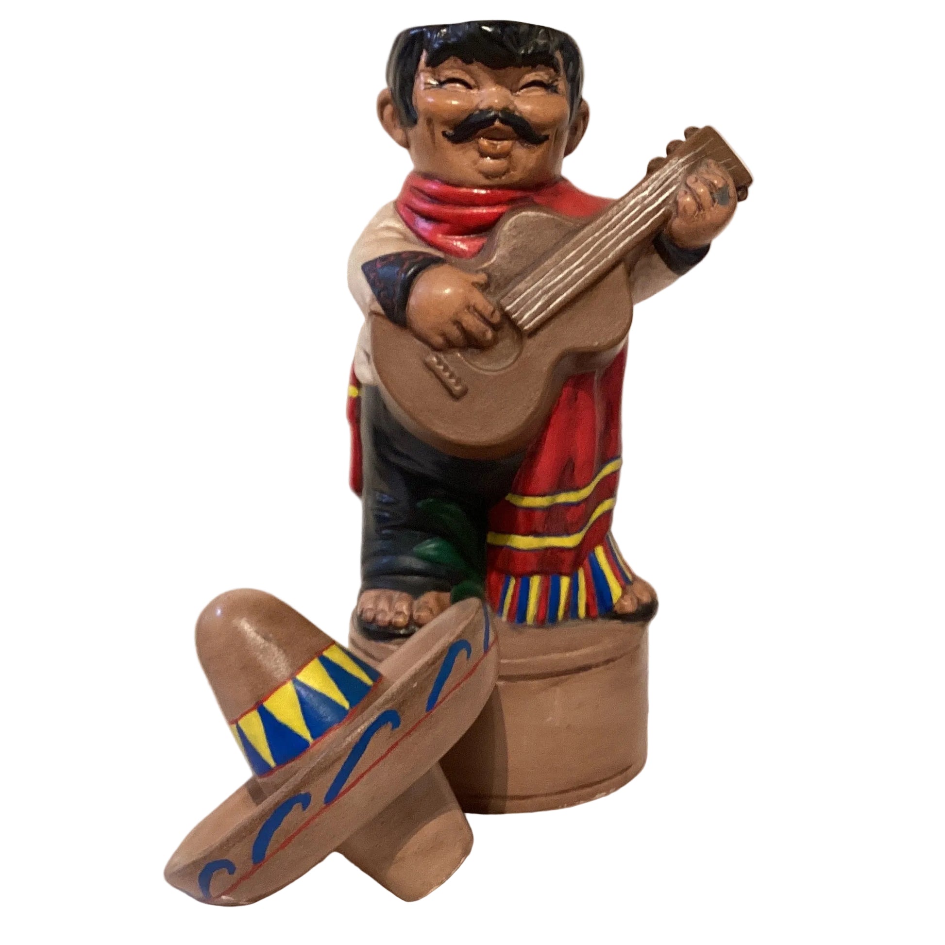 Colorful hand-painted Mexican ceramic guitar player decanter, 14-inch folk art figurine for home and garden decor.