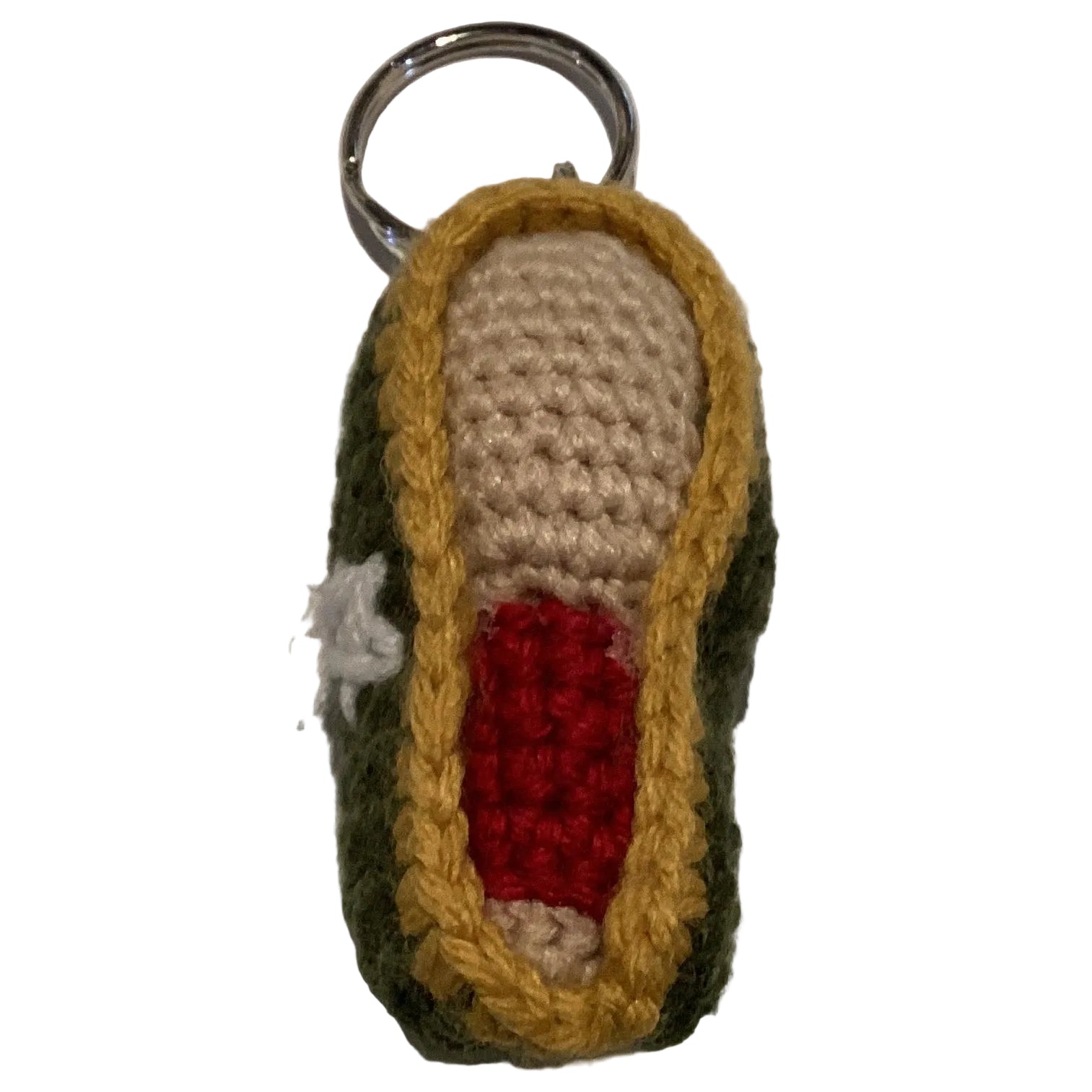 Hand-crocheted Our Lady of Guadalupe Catholic keychain, 4 inches, devotional Christian gift featuring detailed crochet craftsmanship.