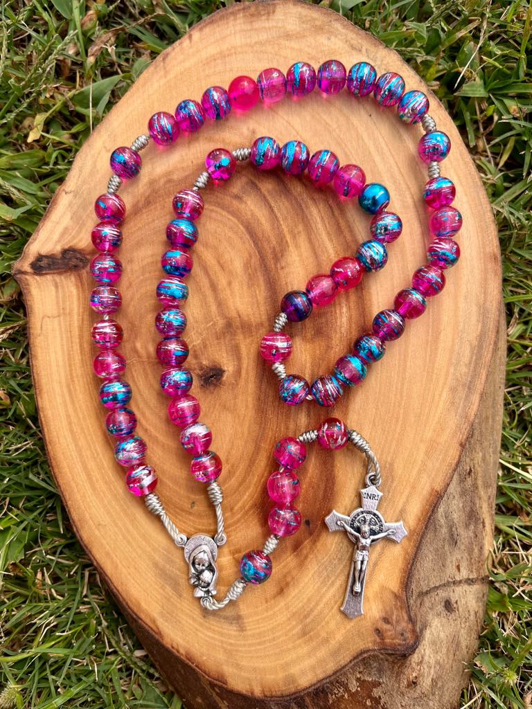 Handcrafted Five Decade Paracord Rosary – Pink Painted Glass Beads with Madonna and Child Center, St. Benedict Cross