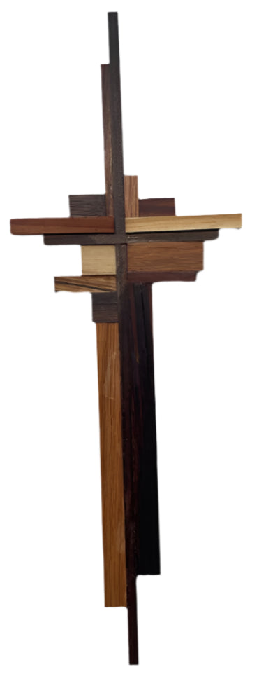 Handcrafted Abstract Cross – Zebra Wood, Red Oak, Poplar, Padauk, Walnut & Redwood – 17" x 6"