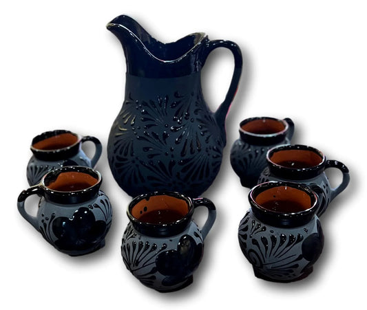 Handcrafted Black Pitcher with 6 Matching Cups – Made in Mexico - Ysleta Mission Gift Shop