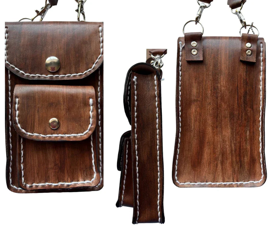 Handcrafted Brown Leather Shoulder Strap with Smartphone Case & Ear Pod Pouch – Premium Metal Hardware - Ysleta Mission Gift Shop