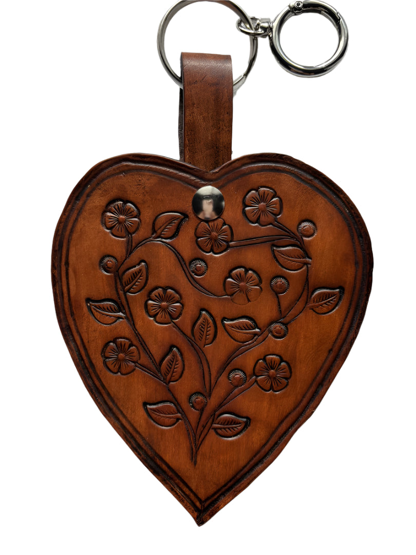 Handcrafted Brown Veg Tan Leather Heart Keychain – Floral Carved Design, Meaningful & Stylish Keepsake