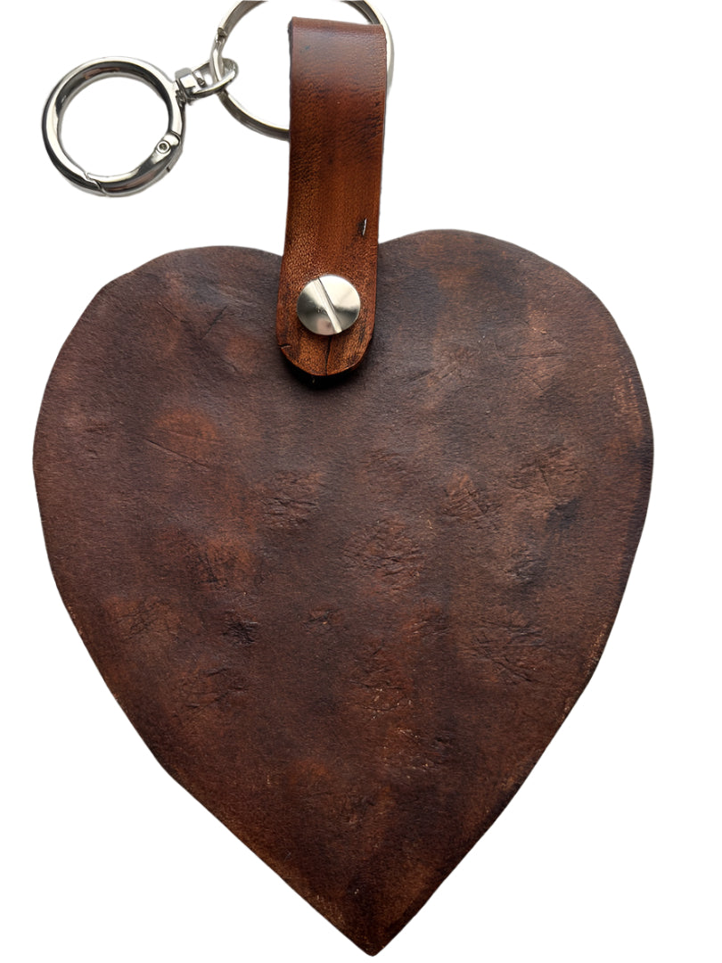 Handcrafted Brown Veg Tan Leather Heart Keychain – Floral Carved Design, Meaningful & Stylish Keepsake