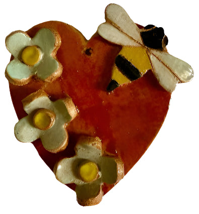 Handcrafted Ceramic Red Heart with Flowers & Bee – Unique 3D Wall Art & Gift