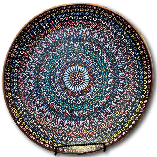 Handcrafted Clay Decorative Black Plate with Multicolor Accents- 16" Artisan Design from Mexico - Ysleta Mission Gift Shop