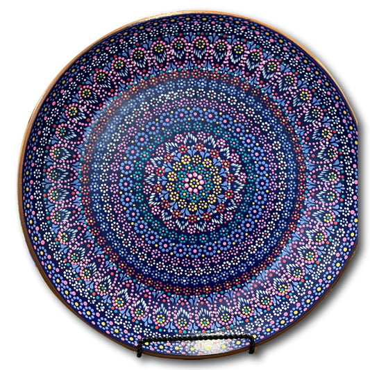 Handcrafted Clay Decorative Cobalt Blue Plate Pink Accent -16" Artisan Design from Mexico - Ysleta Mission Gift Shop