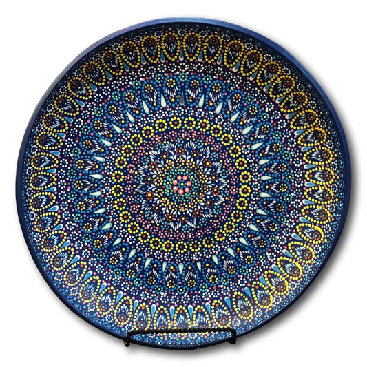 Handcrafted Clay Decorative Marine Blue Plate with Yellow Accents- 16" Artisan Design from Mexico - Ysleta Mission Gift Shop