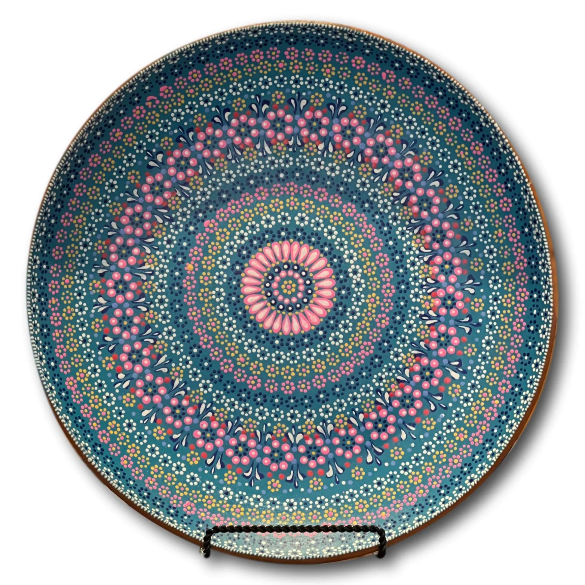 Handcrafted Clay Decorative Turquoise Plate with Pink Accents- 16" Artisan Design from Mexico - Ysleta Mission Gift Shop