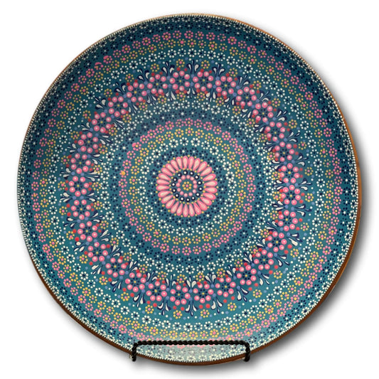 Handcrafted Clay Decorative Turquoise Plate with Pink Accents- 16" Artisan Design from Mexico - Ysleta Mission Gift Shop