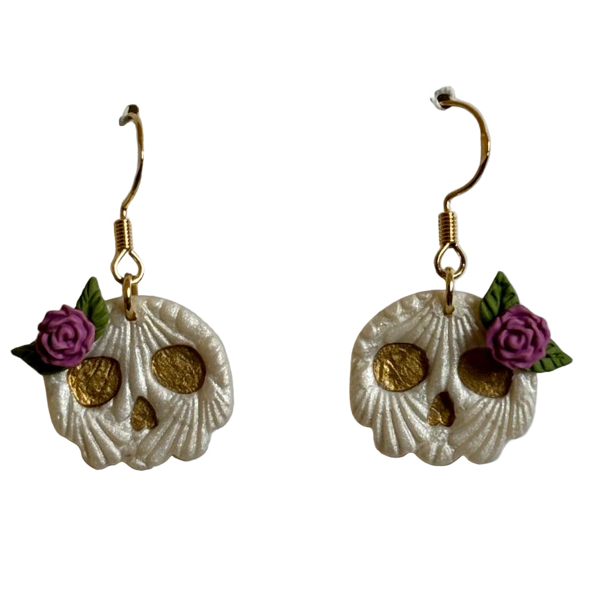 Handcrafted Clay Dia de Los Muertos Floral Skull Dangle Earrings, 18k gold plated stainless steel hooks, 1 in W x 1.5 in L