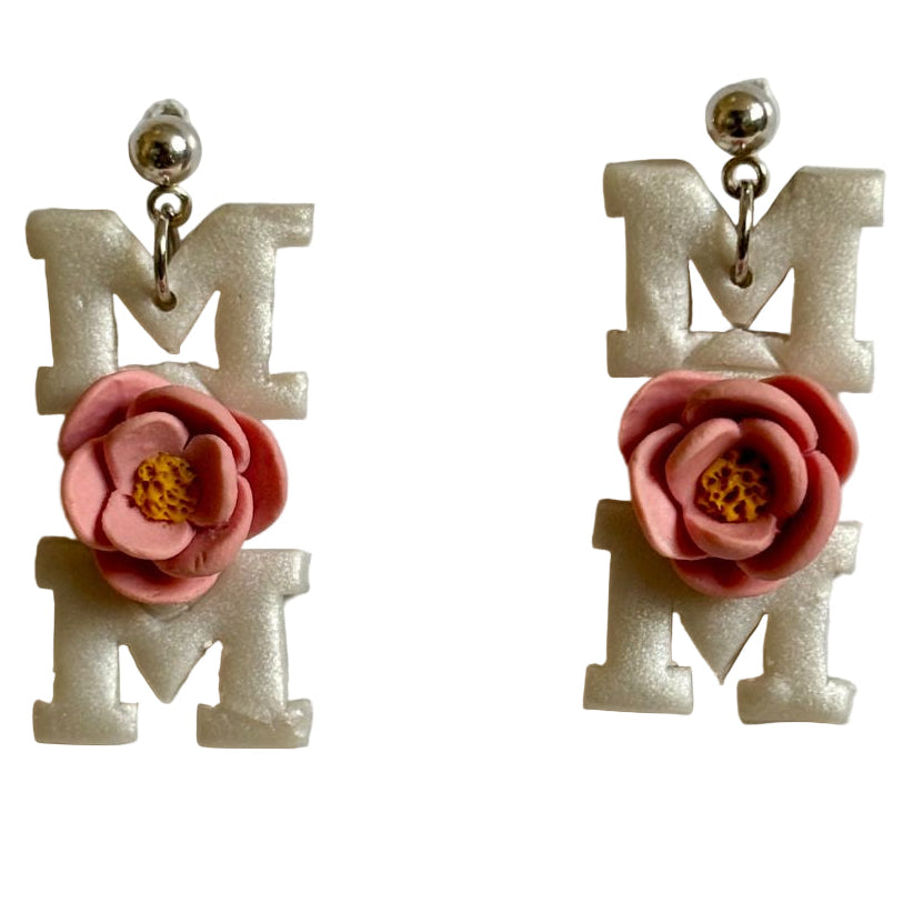 Handcrafted Clay Floral MOM Dangle Earrings, Stainless Steel Posts