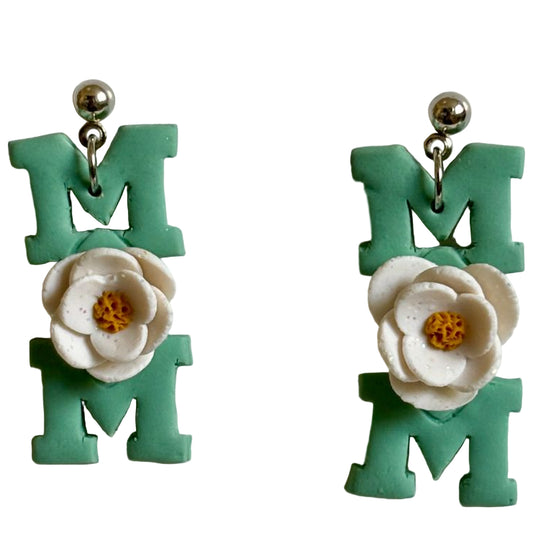 Handcrafted Clay Floral MOM Dangle Earrings, stainless steel ball stud posts, 0.5 in W x 1.25 in L - Ysleta Mission Gift Shop