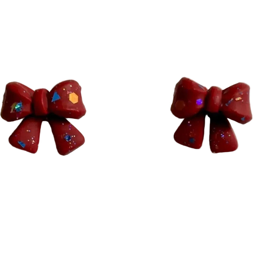 Handcrafted Clay Red Bow Stud Earrings, Stainless Steel Posts