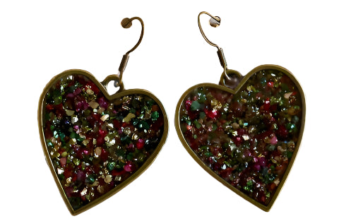 Handcrafted Crushed Glass Dangle Heart Earrings – Elegant Alloy Bezels & Nickel-Free Hooks C