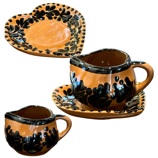Handcrafted Heart-Shaped Coffee Cup & Plate Set – Brown Clay with Black Design - Ysleta Mission Gift Shop