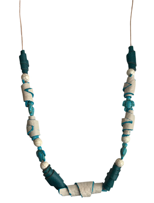 Handcrafted Leather Necklace- Turquoise Turtle Beads- White Leather Cord- 15" or 10" Length"