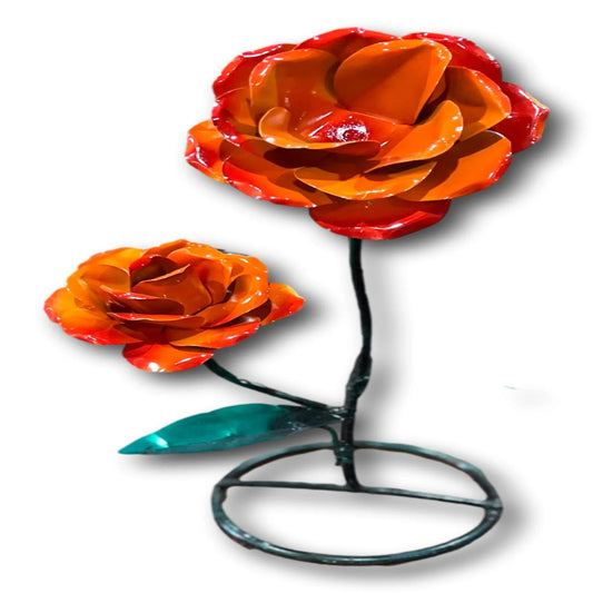 Handcrafted 15" Metal Bright Orange Rose Sculpture – Welded Wrought Iron - Ysleta Mission Gift Shop