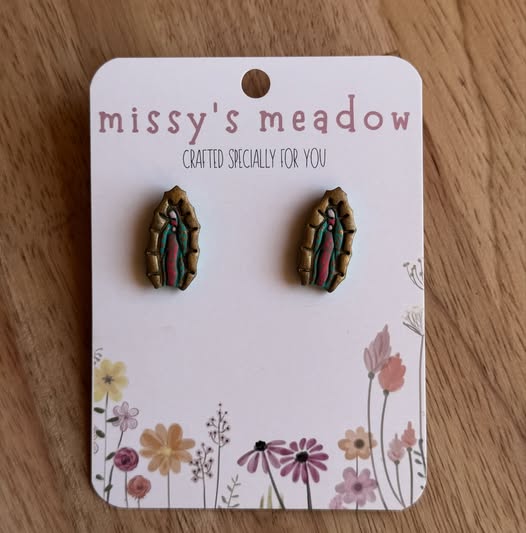 Handcrafted Our Lady of Guadalupe polymer clay stud earrings with stainless steel posts, devotional jewelry by Melissa Cortinas.