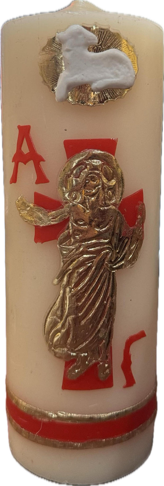 Handcrafted Paschal Candle with Risen Jesus 2D – Beeswax & Paraffin Easter Symbol | Cirio Pascual Hecho a Mano con Jesús Resucitado – Símbolo de Pascua en Cera de Abeja y Parafina H8x3