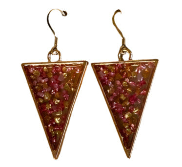 Handcrafted Pink & Gold Dangle Earrings – Crushed Glass & Resin with 18K Gold Hooks
