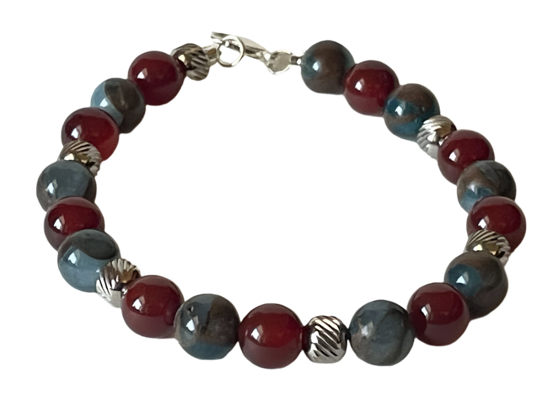 Handcrafted Red Agate & Silver Bead Bracelet – 8” Earthy Elegance