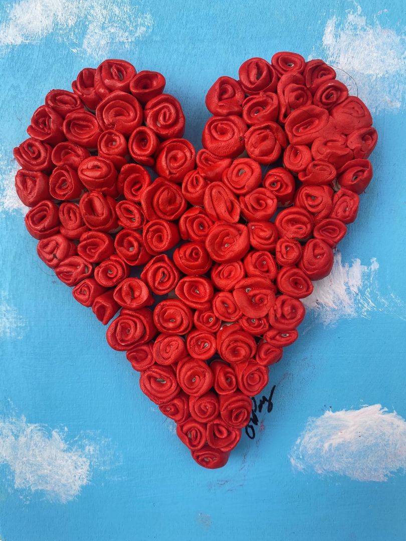 Handcrafted Red Rose Heart on Sky – Acrylic Bas-Relief 3D Floral Painting
