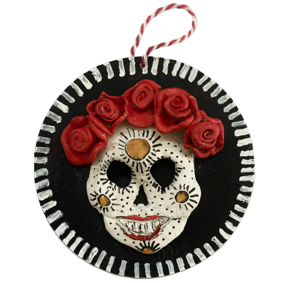 Handcrafted Sugar Skull Clay Ornament – Bas Relief Día de los Muertos Design for Holiday or Altar Décor - Ysleta Mission Gift Shop