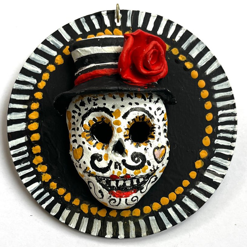 Handcrafted Sugar Skull Clay Ornament – Bas Relief Día de los Muertos Design for Holiday or Altar Décor - Ysleta Mission Gift Shop