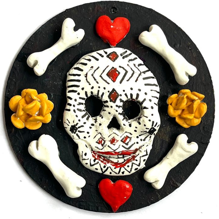 Handcrafted Sugar Skull Clay Ornament – Bas Relief Día de los Muertos Design for Holiday or Altar Décor - Ysleta Mission Gift Shop