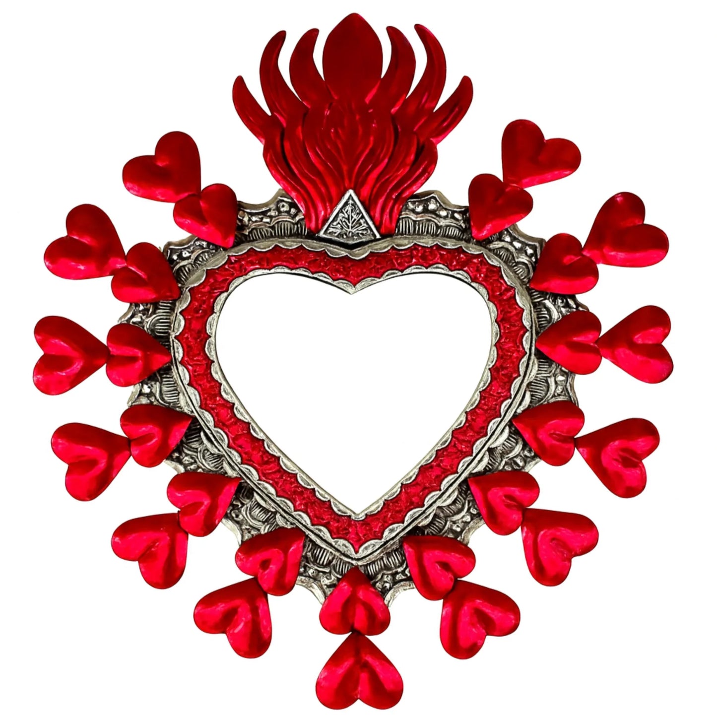 Handcrafted Tin Heart Mirror with Flaming Sacred Heart & Red Milagros – Made in Mexico - Ysleta Mission Gift Shop