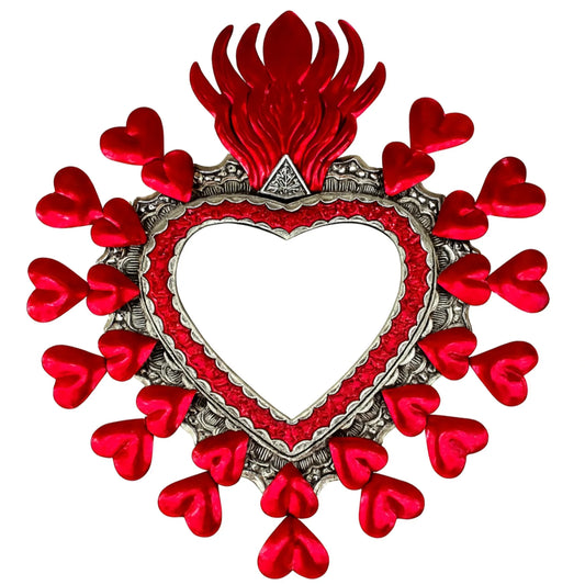 Handcrafted Tin Heart Mirror with Flaming Sacred Heart & Red Milagros – Made in Mexico - Ysleta Mission Gift Shop