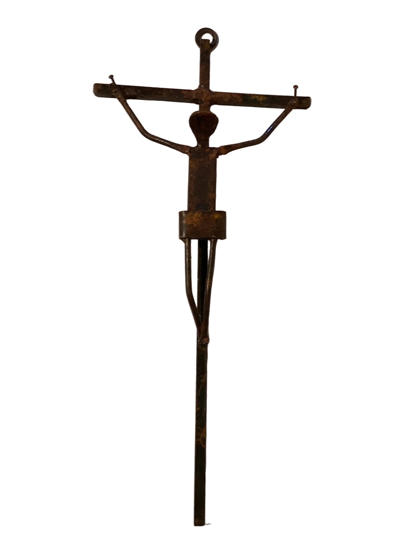 Handcrafted wrought iron rustic 18-inch Catholic crucifix, religious Christian gift with detailed ironwork design.