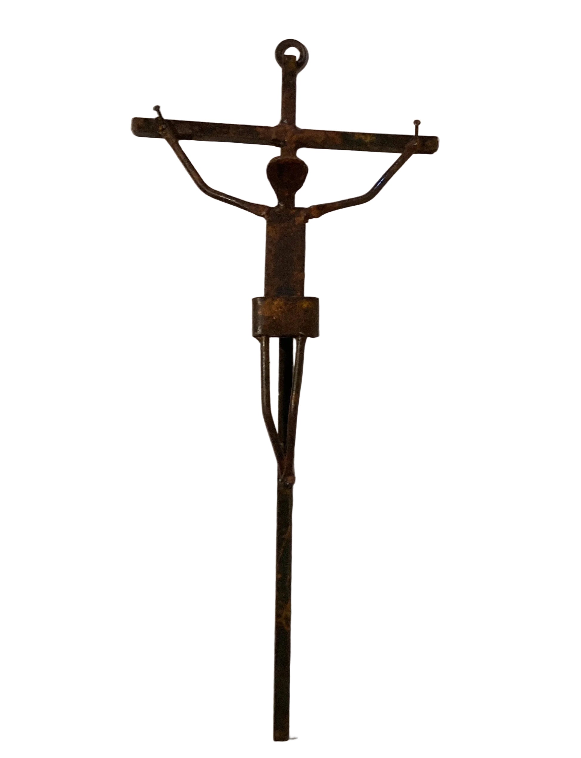 Handcrafted wrought iron rustic 18-inch Catholic crucifix, religious Christian gift with detailed ironwork design.