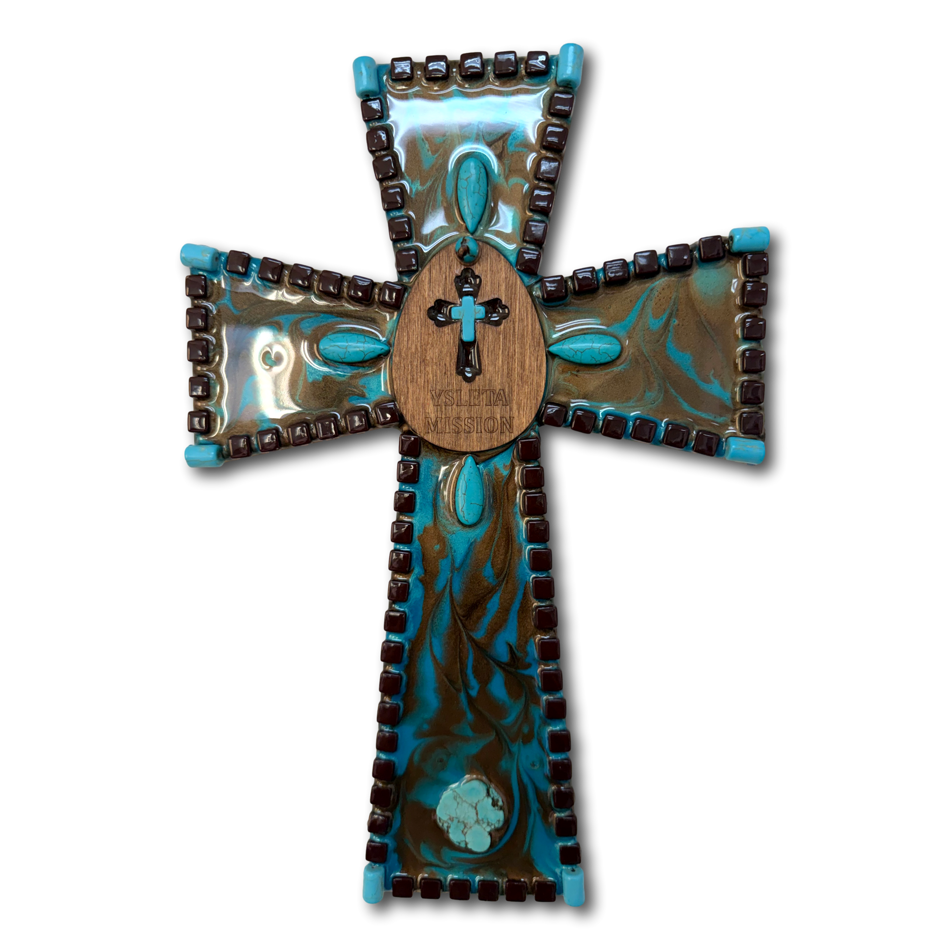 Handcrafted Ysleta Mission cross made of turquoise and teal resin, Catholic Christian gift with intricate design by Brigitte Rosson.