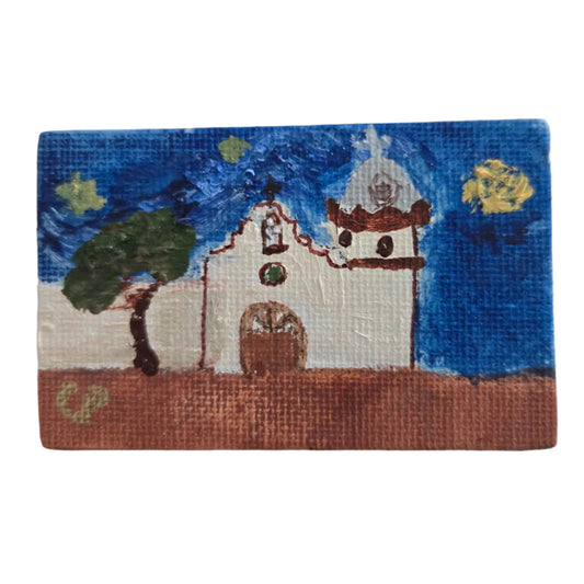 Handcrafted Ysleta Mission mini oil painting on wood panel with easel, showcasing vibrant El Paso souvenir artwork by Cheryl Peterson.