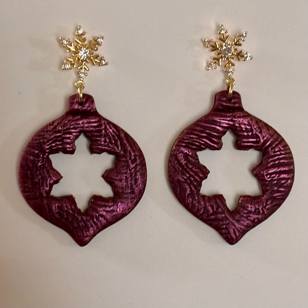 Handcrafted polymer clay ornament dangle earrings with cubic zirconia snowflake and 18K gold plated brass