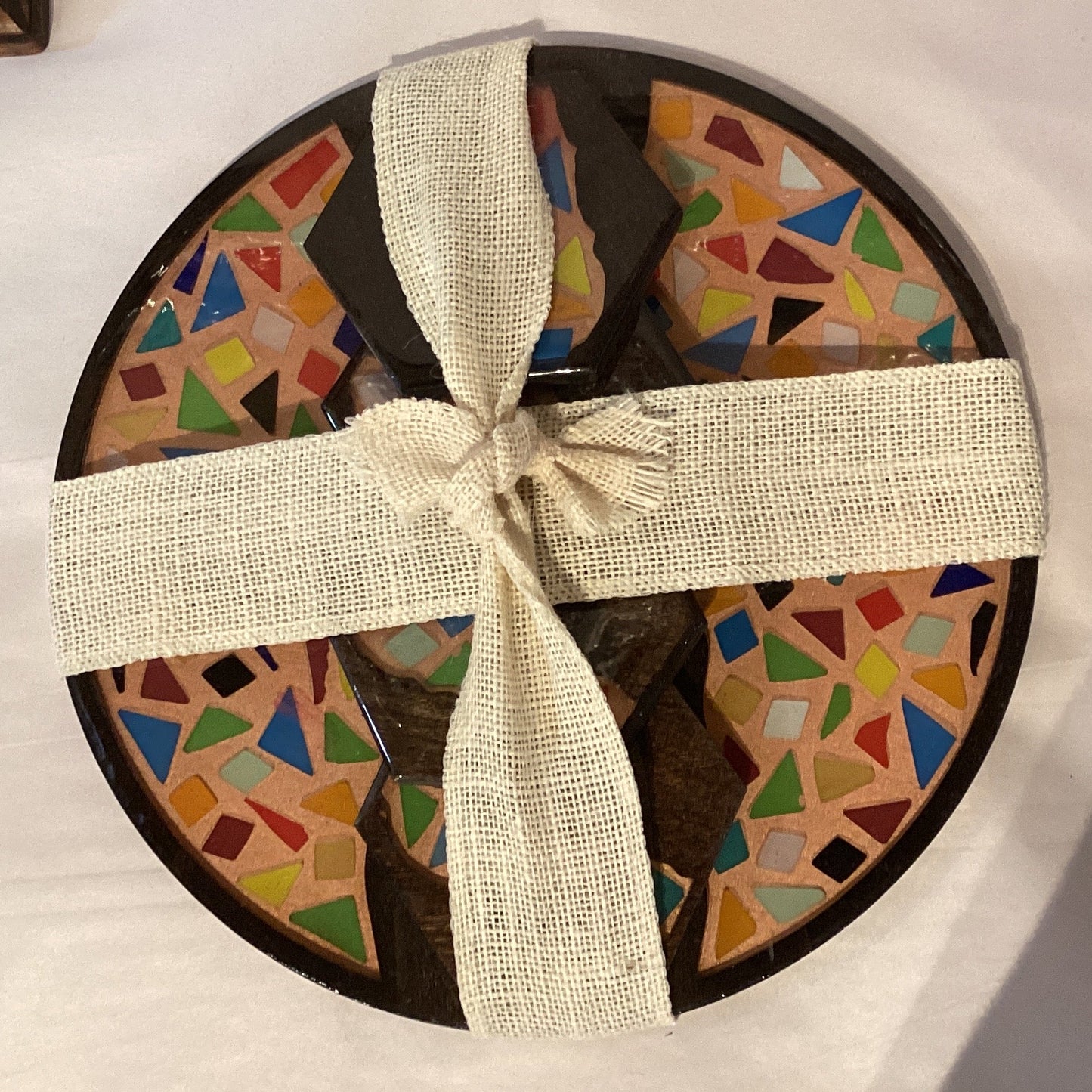 Handcrafted wood server centerpiece with colorful mosaic coasters decorative table serving set