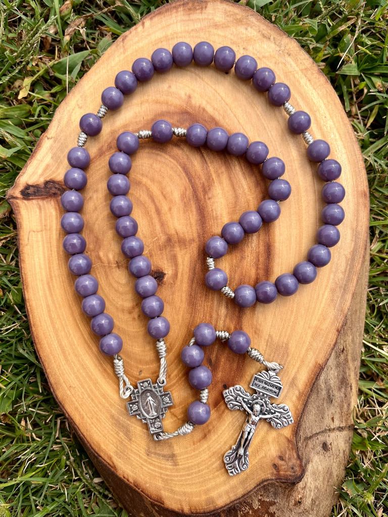Handmade Five Decade Paracord Rosary – Lavender Glass Beads with Immaculate Mary and Pardon Crucifix