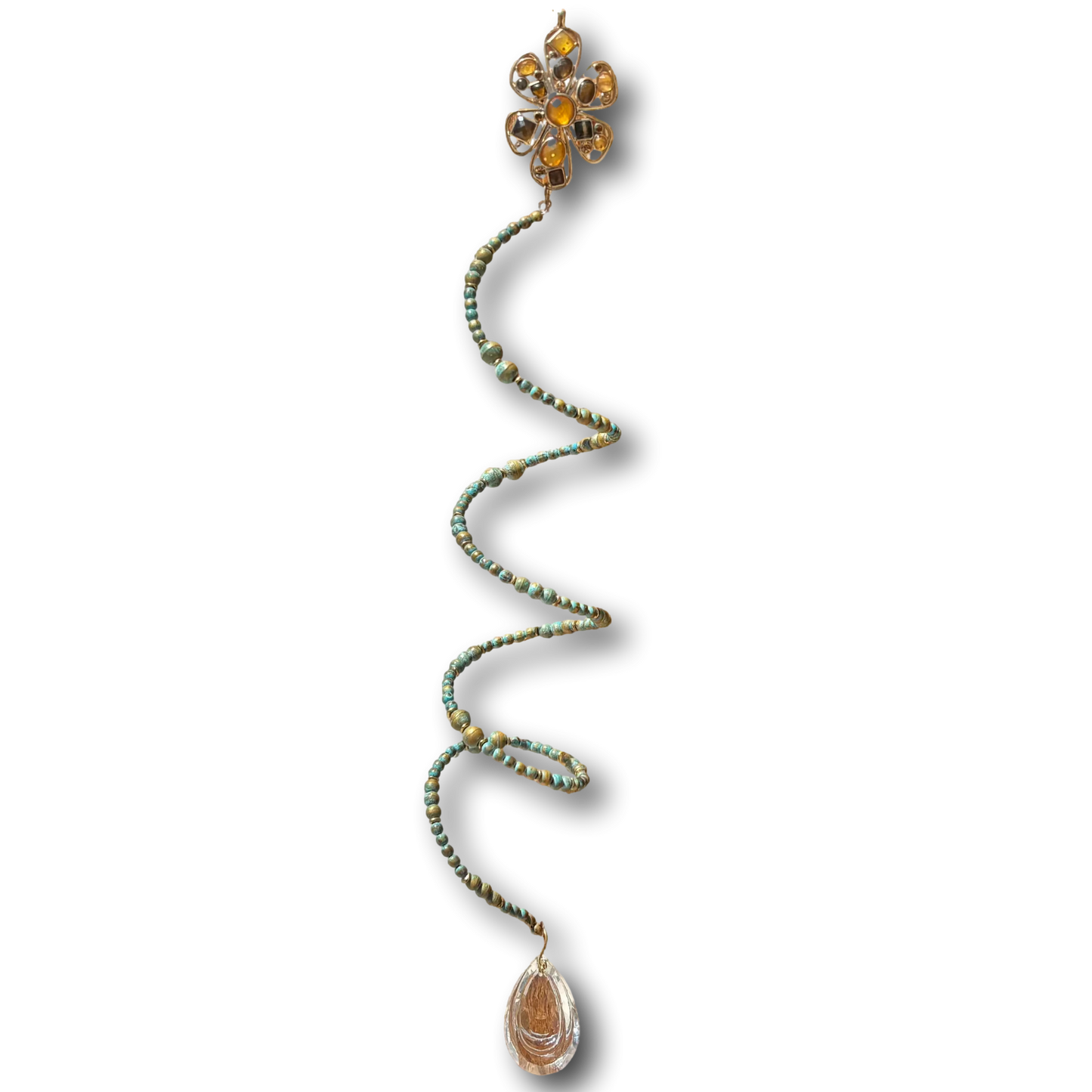 Handmade 16-inch spiral suncatcher with turquoise copper patina flower, pearlized beads, and crystal teardrop rainbow prism.